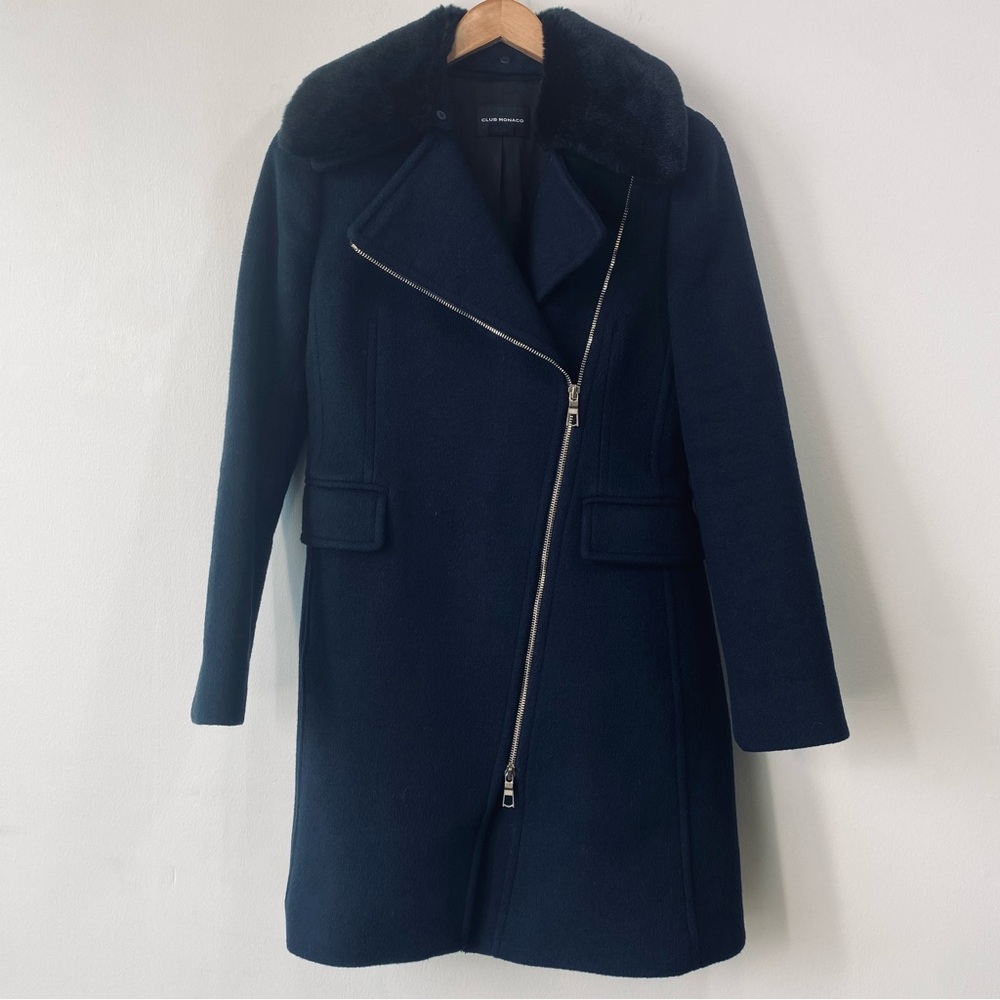 Club Monaco Wool Blend Dark Navy Blue Pea Coat with Removable Faux Fur Collar
